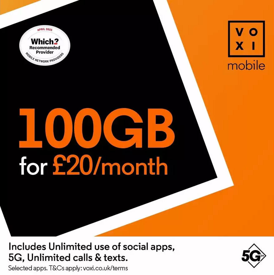 VOXI 100GB 30 Day Pay As You Go SIM Card - FREE