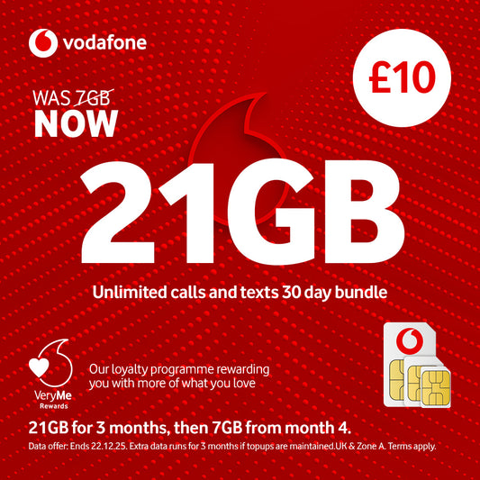 VODAFONE 21GB Pay As You Go SIM Card