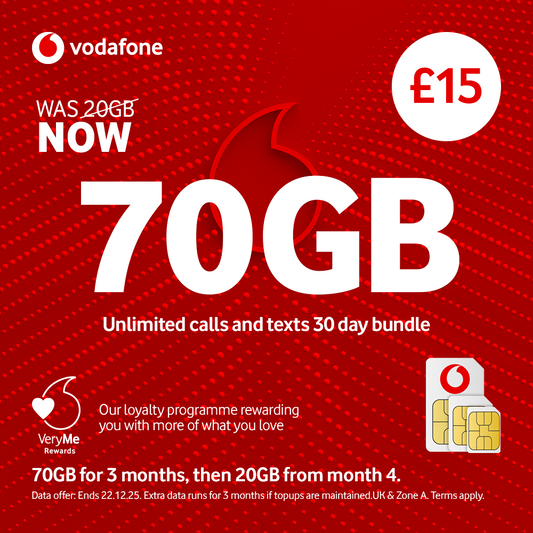 VODAFONE 70GB Pay As You Go SIM Card