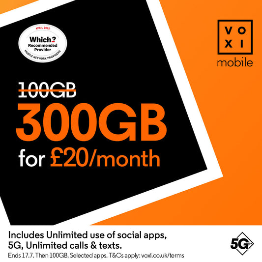 VOXI 300GB 30 Day Pay As You Go SIM Card - FREE
