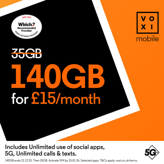 VOXI 140GB 30 Day Pay As You Go SIM Card