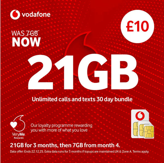 VODAFONE 7GB Pay As You Go SIM Card