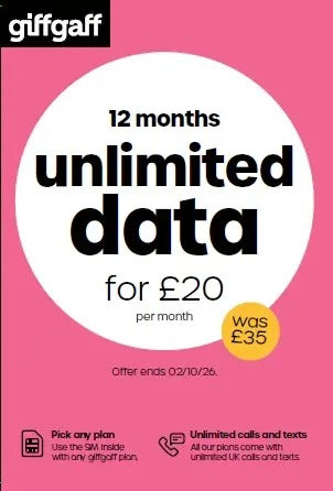 giffgaff Unlimited data Pay As You Go Sim Card £20 per month