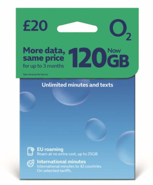 O2 Pay As You Go SIM Card 120GB
