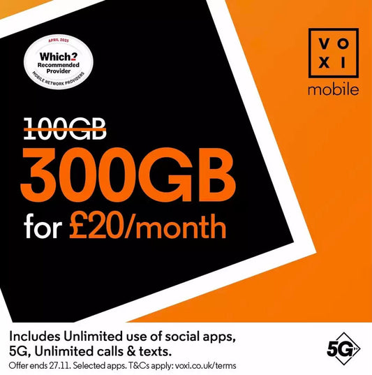 VOXI 300GB 30 Day Pay As You Go SIM Card - FREE