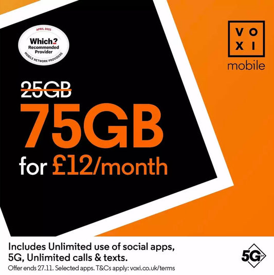 VOXI 75GB 30 Day Pay As You Go SIM Card