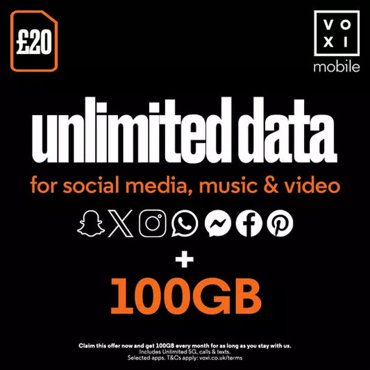 VOXI 100GB 30 Day Pay As You Go SIM Card - FREE